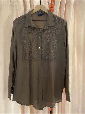 GAP Sheer Gray/brown Embroidered Button-Down Shirt